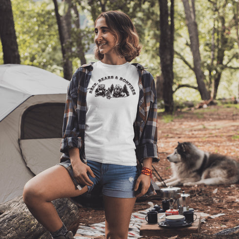 Introducing our hilarious "Beer, Bears & Bonfires" t-shirt! Picture this: a couple of camping bears enjoying a cold one in the woods, gathered around a crackling bonfire. These fun-loving bears know how to have a good time, and now you can join in on the fun too!